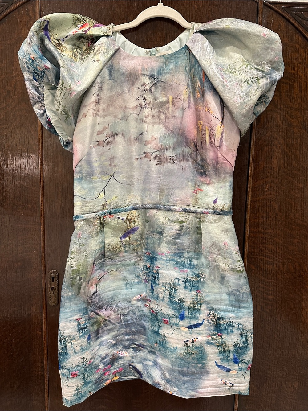 Monique Lhuillier Pastel Watercolor Puff-Sleeve Mini Dress